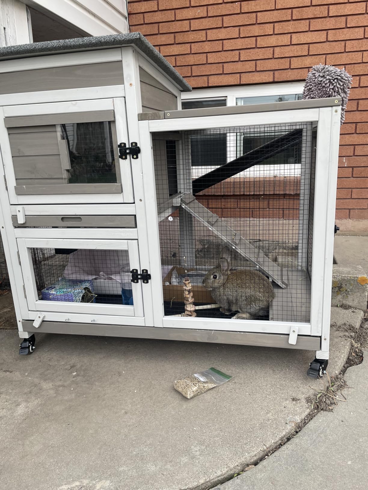2 Story Rabbit Hutch Outdoor Indoor, Wooden Bunny Cage with 6 Lockable Wheels, 3 Removable No Leakage Pull Out Trays, Chew-Proof Ramp & Waterproof Roof, Ideal for Rabbit & Guinea Pig customer photo 2