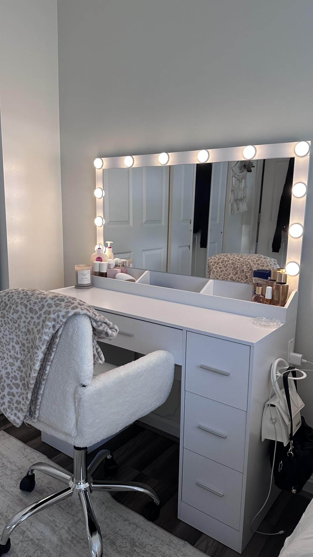FIONESO Vanity with Large Mirror and 12 LED Lights, Vanity Desk with 7 Drawers & Hairdryer Holder, Makeup Vanity Desk with Charging Station for Women, Girls, 3 Lighting Color Adjustable, White customer photo 2
