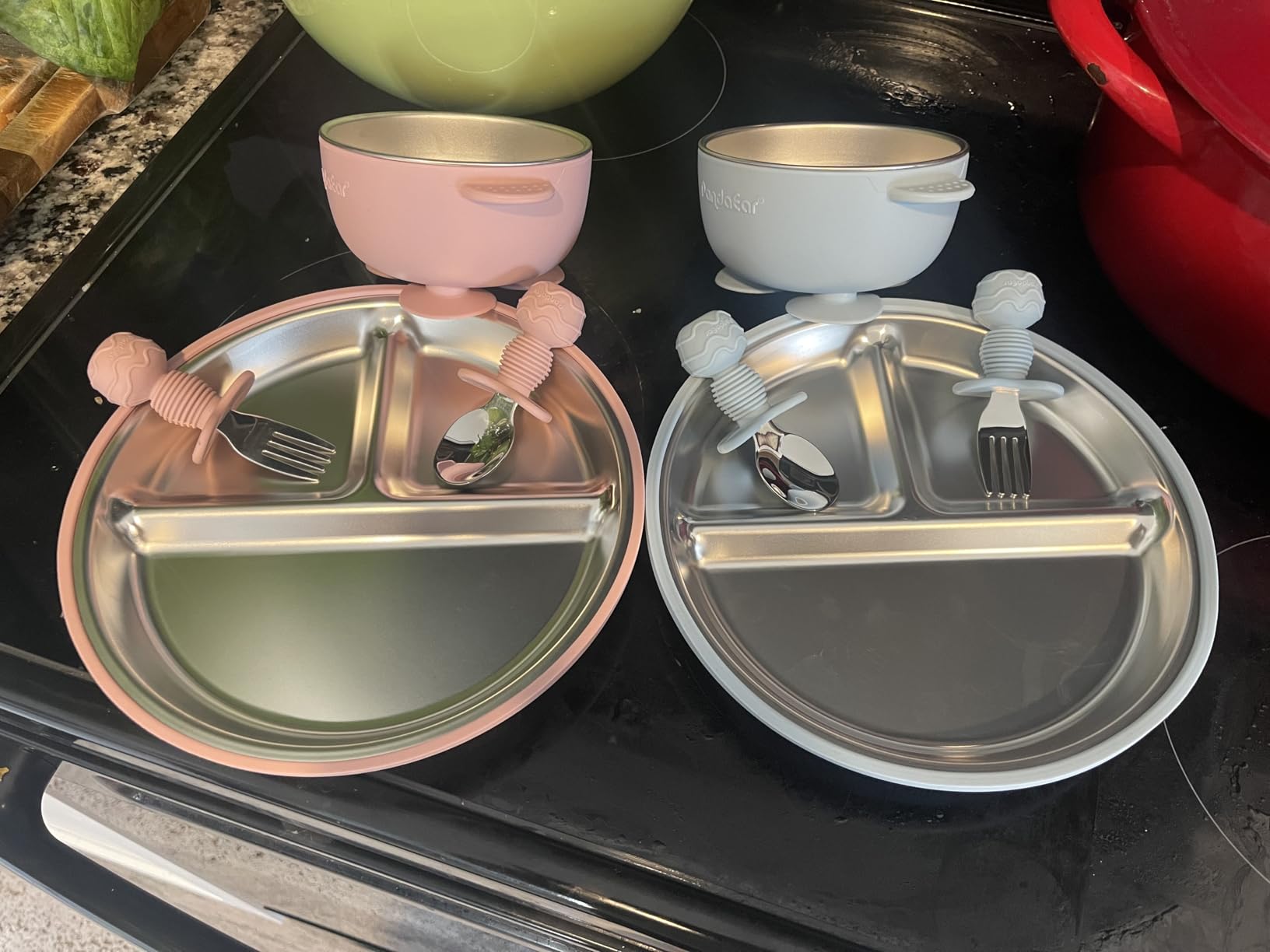 PandaEar 8PCS Baby Feeding Set | Stainless Steel Suction Plates and Bowls with Silicone Fork and Spoon Utensils | Baby Led Weaning Tableware for Toddlers & Kids (Tan & Walnut) customer photo 1