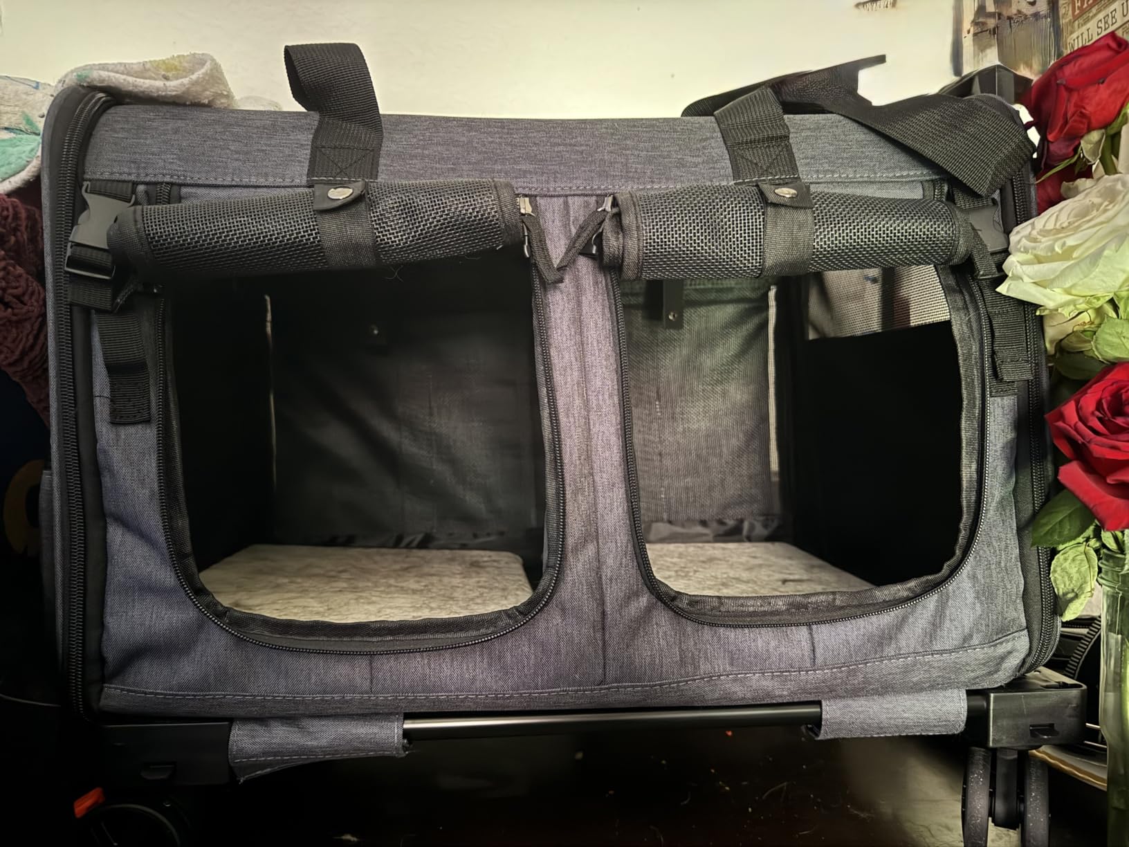 Cat Carrier for 2 Cats, Cat Carrier with Wheels for Cats and Dogs, Foldable Double Pet Carrier, Rolling Dog Carrier with Detachable Wheels and Telescopic Handle, 2 Front Zippered Compartments Gray customer photo 2