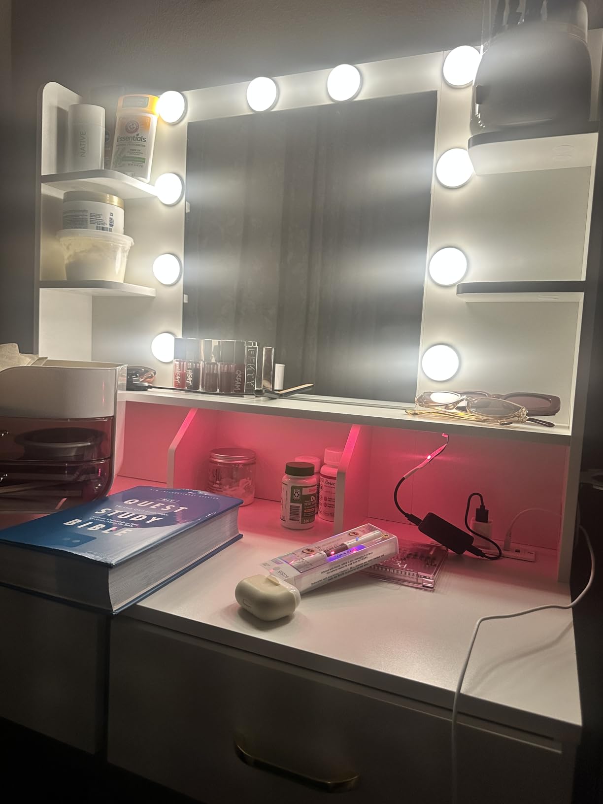 LUCKRACER Vanity Desk with LED Lights Mirror & Charging Station, Makeup Vanity with Storage Drawers and Shelves, Modern Dressing Table for Women Girls Bedroom, Ivory White customer photo 1