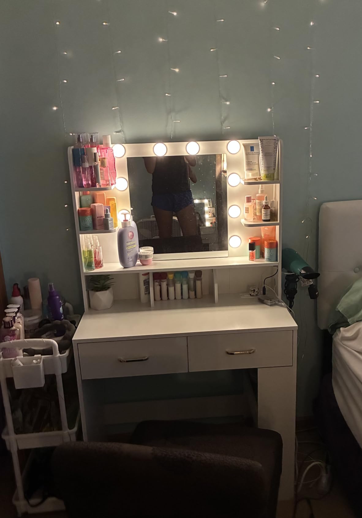 LUCKRACER Vanity Desk with LED Lights Mirror & Charging Station, Makeup Vanity with Storage Drawers and Shelves, Modern Dressing Table for Women Girls Bedroom, Ivory White customer photo 2