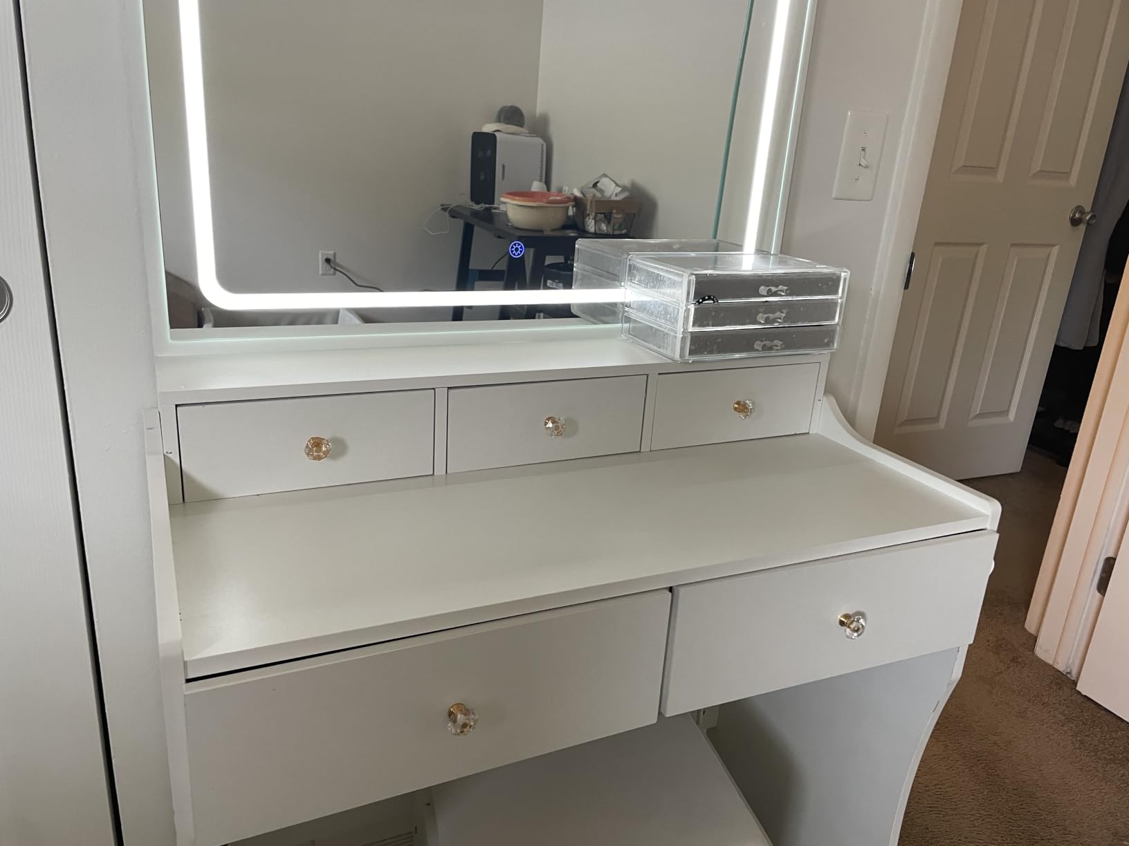 COMHOMA Vanity Desk with LED Lights Mirror & Power Outlet, Small Makeup Vanity Table Set with 5 Storage Drawers, 3 Lighting Modes & Adjustable Brightness, Dressing Table for Women Girls Bedroom, White customer photo 2
