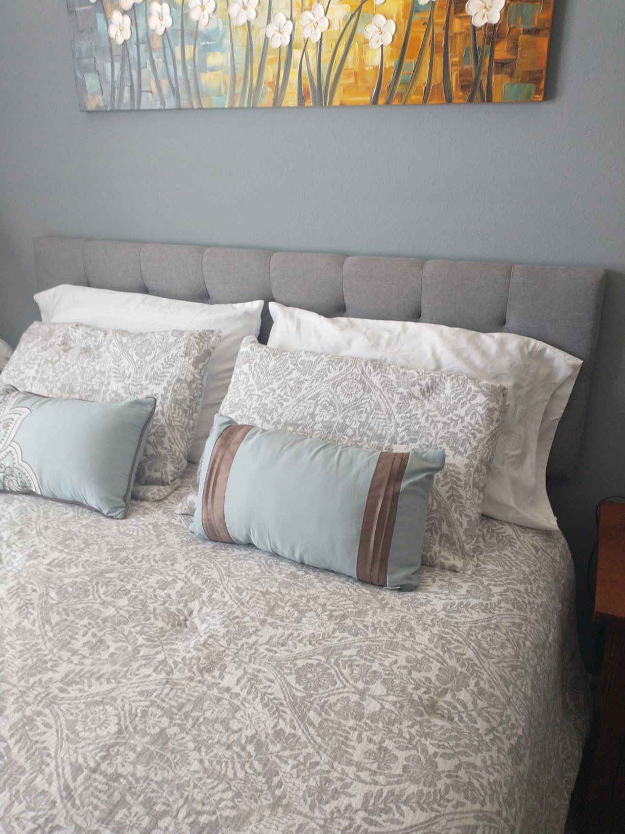 Lucid Mid-Rise Upholstered Headboard - Diamond Tufted - Padded Polyester - Adjustable Height from 34” to 46” - Easy Assembly - Bed Frame or Wall Mount - Sturdy - Pearl - Queen Size customer photo 1