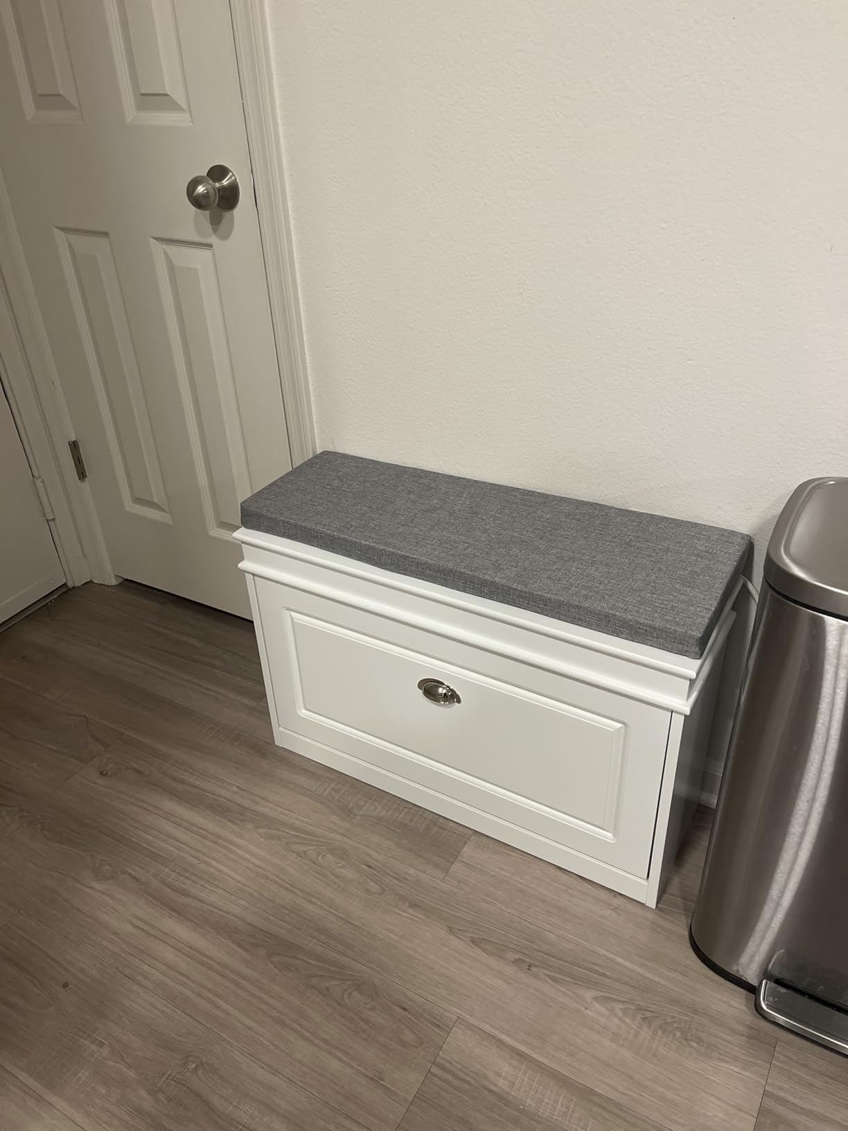 SoBuy Small Shoe Storage Bench, Narrow Shoe Cabinet for Entryway, Shoe Rack with Cushion&2 Tiers Flip-Drawer, Closet Hallway Mudroom White FSR82-L-W customer photo 2
