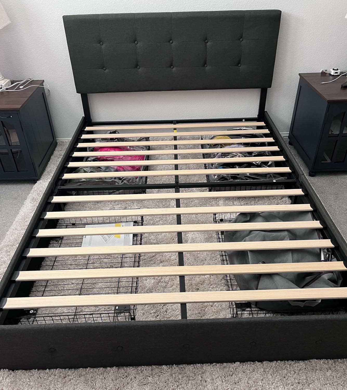 Allewie Queen Size Storage Bed Frame with 4 Underbed Drawers, Upholstered Platform Bed with Adjustable Headboard, Square Button Tufted, Easy Assembly, Noise-Free, No Box Spring Needed, Dark Grey customer photo 1
