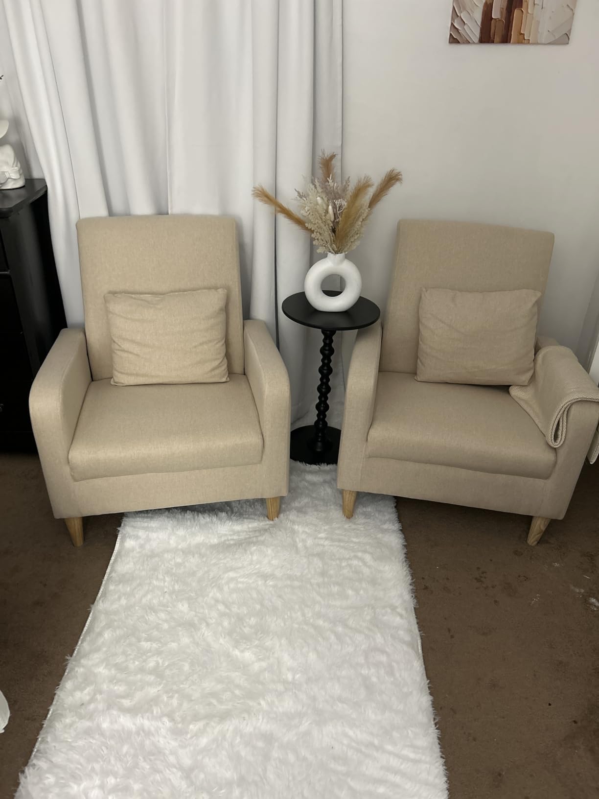 COLAMY Mid-Century Modern Upholstered Accent Chair with Back Pillow & Solid Wood Legs, Fabric Cozy Armchair for Living Room, Bedroom, Reading Nook, Apartment & Small Spaces, Beige customer photo 2