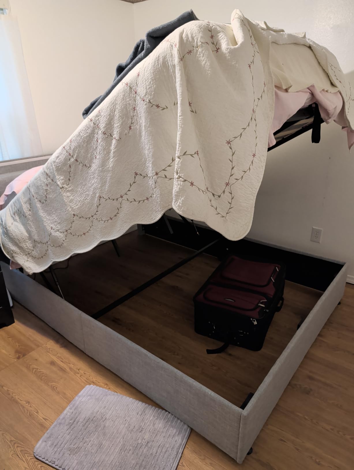 Fameill Queen Size Lift Up Storage Bed Frame with Adjustable Headboard, Charging Station, LED Lights, Wood Slats, Noise-Free, No Box Spring Needed, Beige customer photo 1