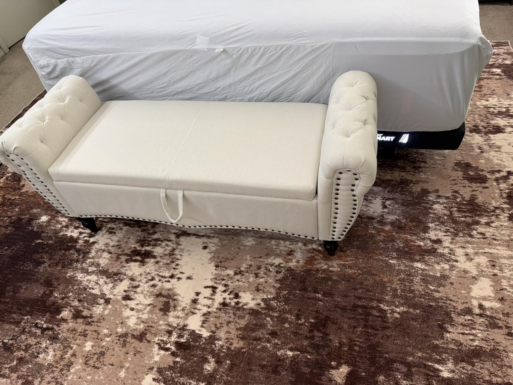 Furniliving Storage Ottoman Bench, Leather Benches End of Bed Bench with Solid Wood Legs Upholstered Ottoman Bench with Storage Indoor Bench for Living Room with Rolled Arm, Entryway, YellowBrown customer photo 2
