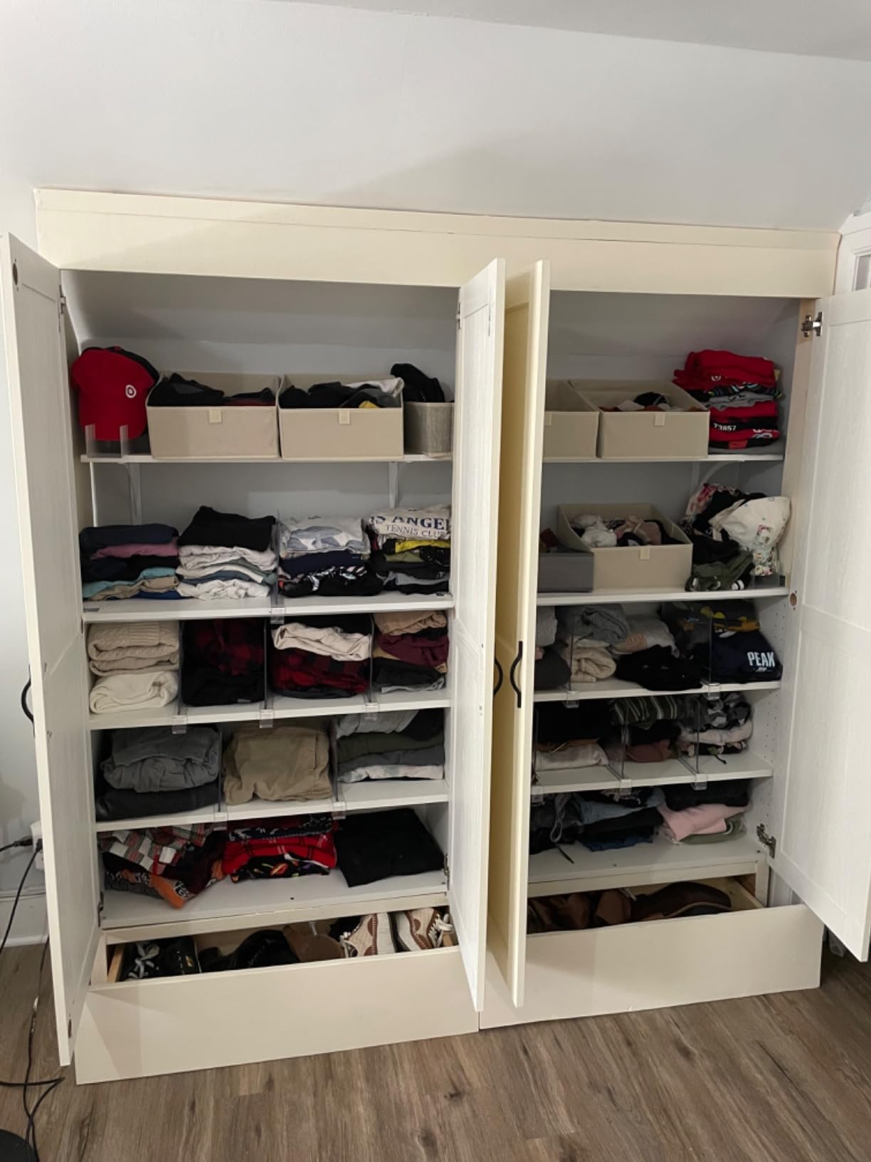 DIMJ Large Closet Shelf Organizer Bins 6 Packs with Handles and Divider, Fabric Trapezoid Storage Baskets, Foldable Clothes Containers Box for Shelf, Towel, Book, Toy, Purse, Hats, Grey customer photo 1