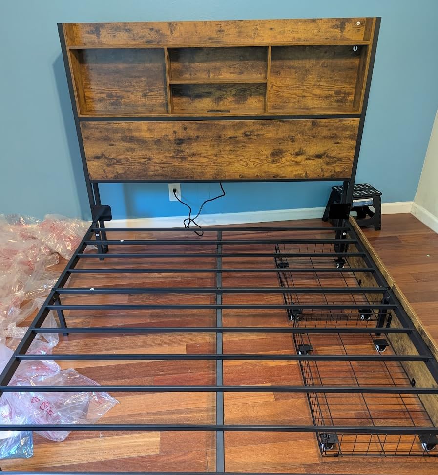 LARMACE Queen Size Bed Frame with 6 Storage Drawers and Headboard Wooden Platform Bed Frame with LED Lights and Charging Station Easy Assembly/No Box Spring Needed/Black customer photo 1