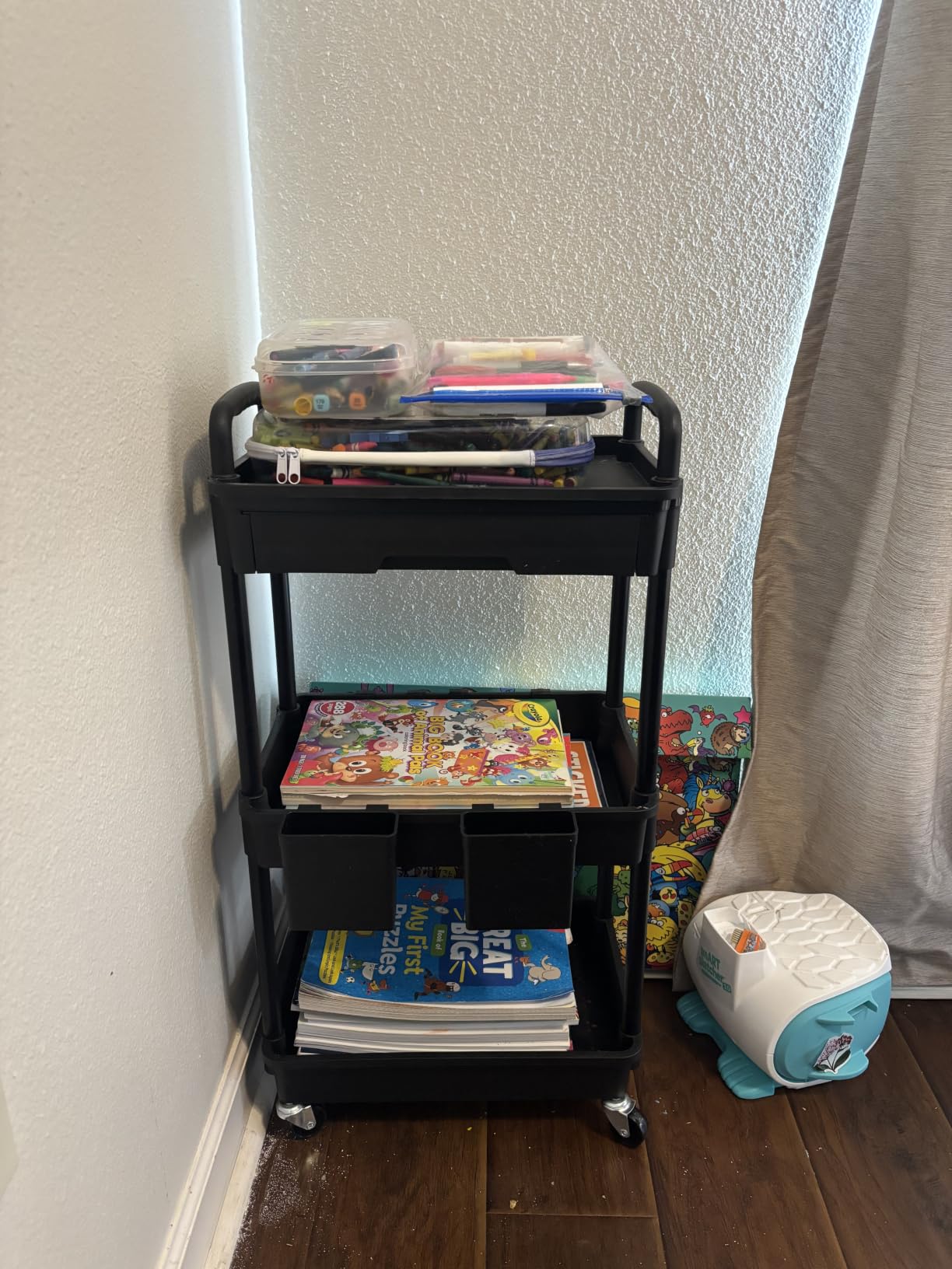3 Tier Rolling Utility Cart with Drawer, Plastic Storage Organizer Rolling Carts with Wheels Handles Hanging Cups Hooks for Office, Bathroom, Kitchen,Craft Art Room (Black) customer photo 2