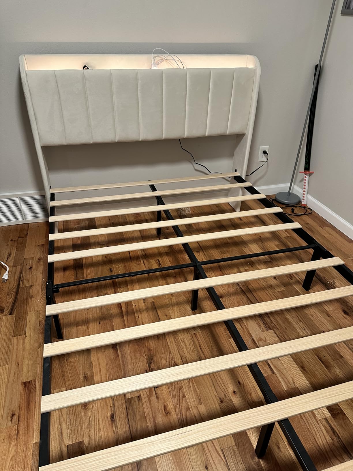 Queen Bed Frame with 4 Drawers and Storage Headboard, Upholstered Platform Bed Frame Queen Size with Led Lights and Handy Charging Station, No Box Spring Needed, Easy Assembly, Noise Free, Beige customer photo 2